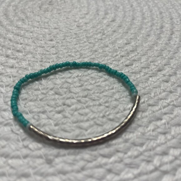 TURQUOISE Seed Bead and Sterling 925 Swirl Tube Handmade Elastic Bracelet #705D - Picture 3 of 3